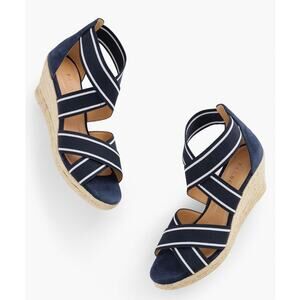 Talbots Women's 7 Navy Blue Stripe Lyndsay Espadrille Slip On Wedge Sandal